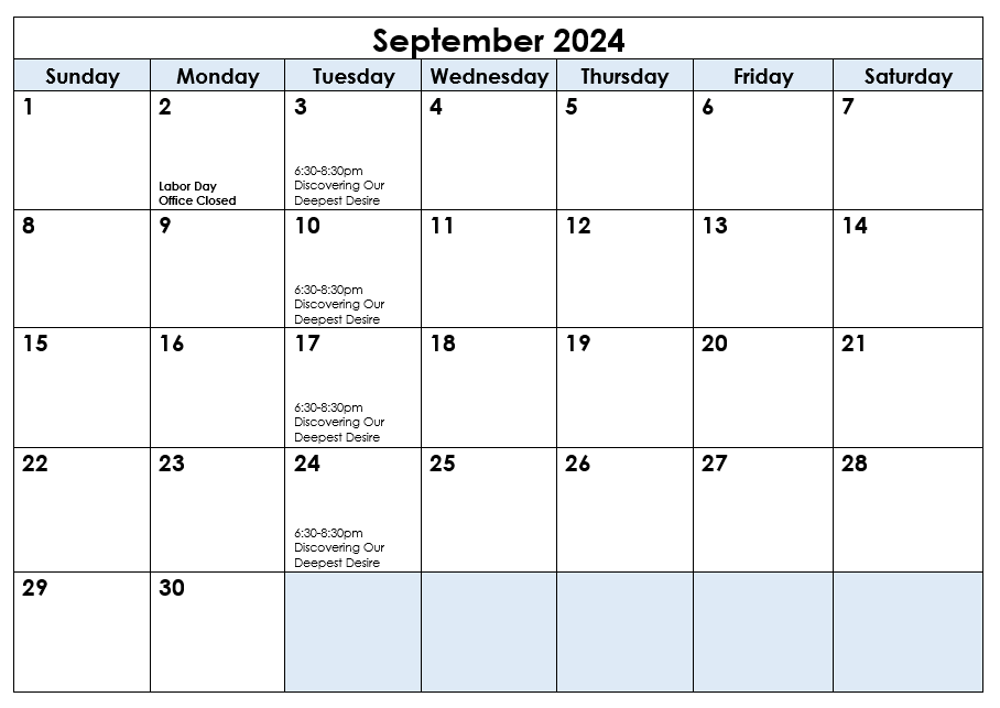 September calendar of faith based classes